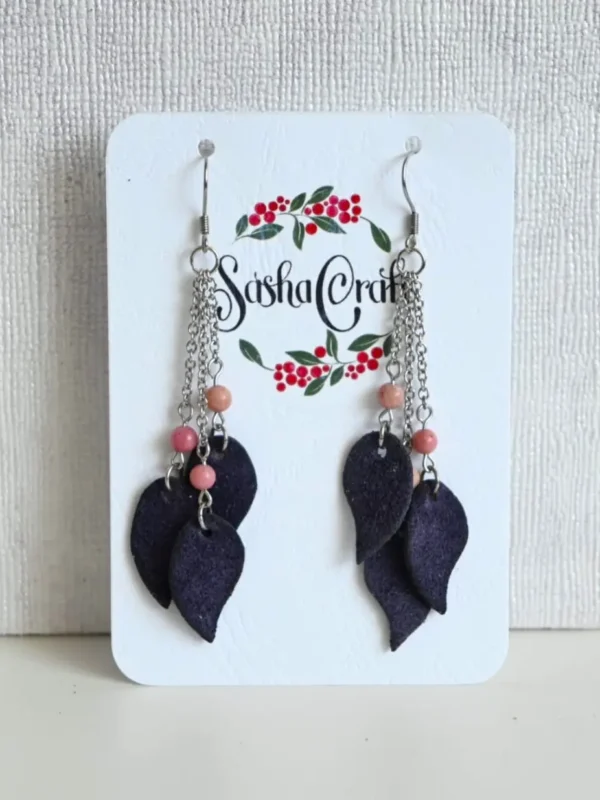 013-1 Cercei din piele naturală întoarsă violet picături cu piatră de stâncă